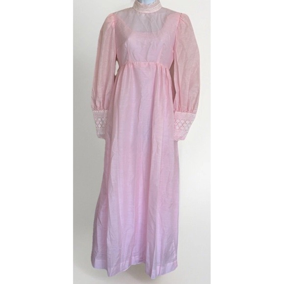 Vintage 70s Handmade Maxi Dress Baby Pink Lace Cottagecore Puff S M High Neck